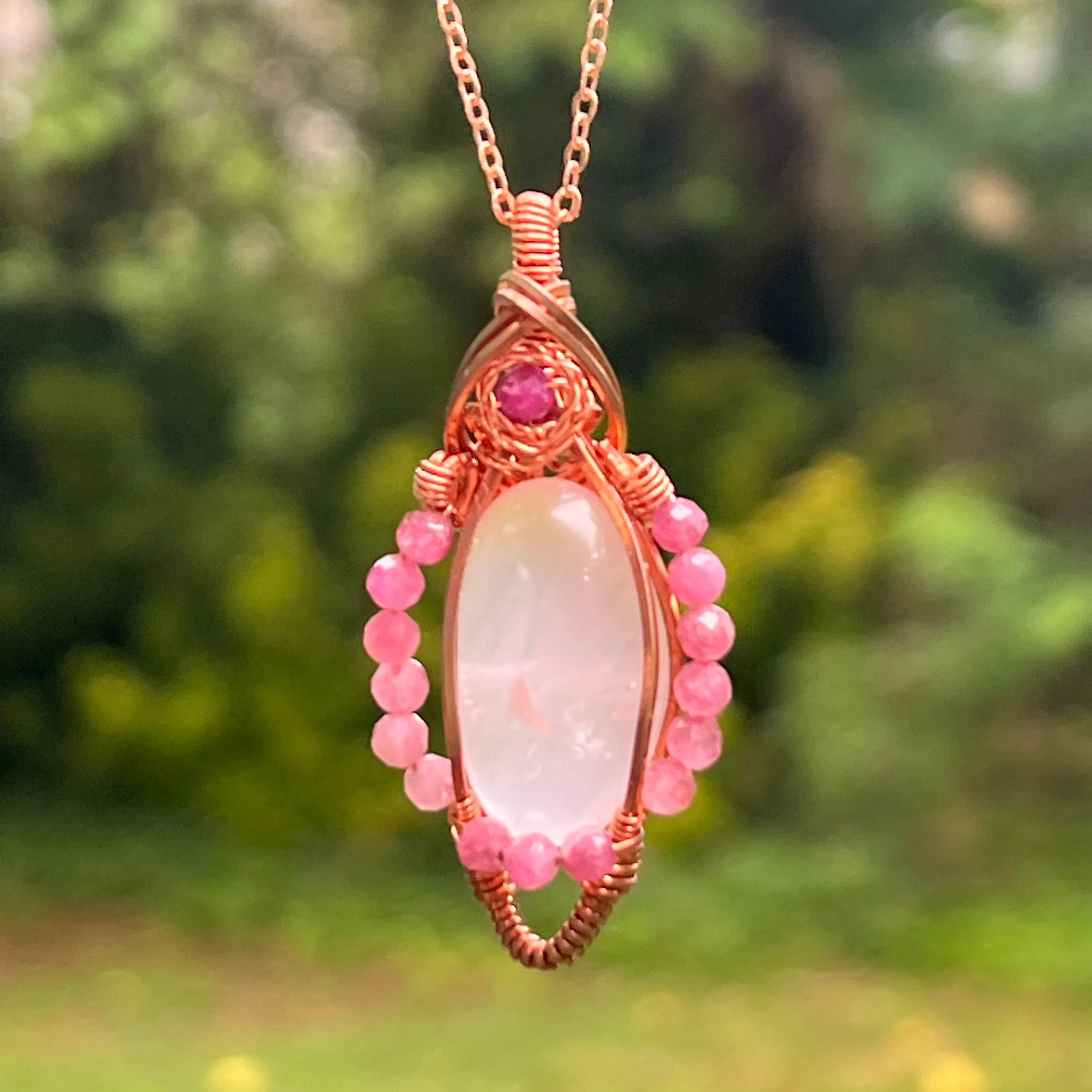 Rose Quartz, Ruby, and Pink Tourmaline Wire-Wrapped Pendant - Ready to Ship