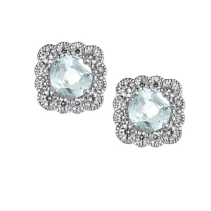 Silver Aquamarine and CZ square cluster stud earrings