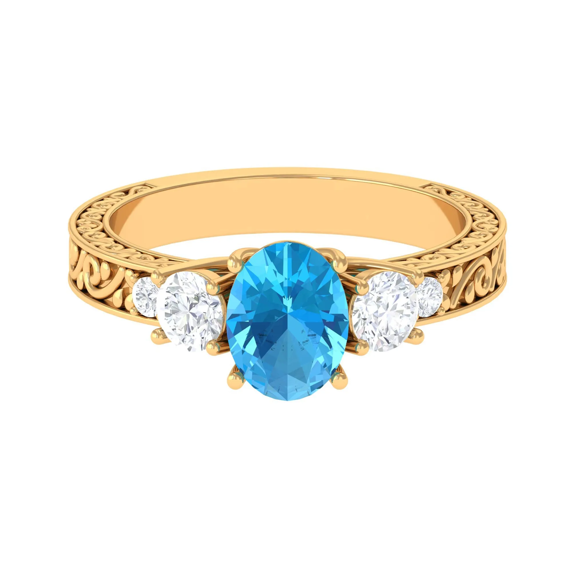 Solitaire Oval Cut Swiss Blue Topaz and Moissanite Gold Engagement Ring