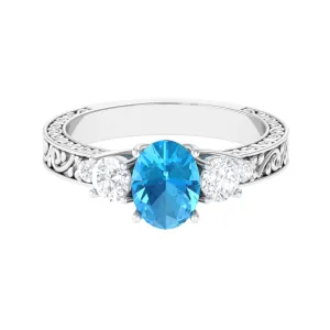 Solitaire Oval Cut Swiss Blue Topaz and Moissanite Gold Engagement Ring