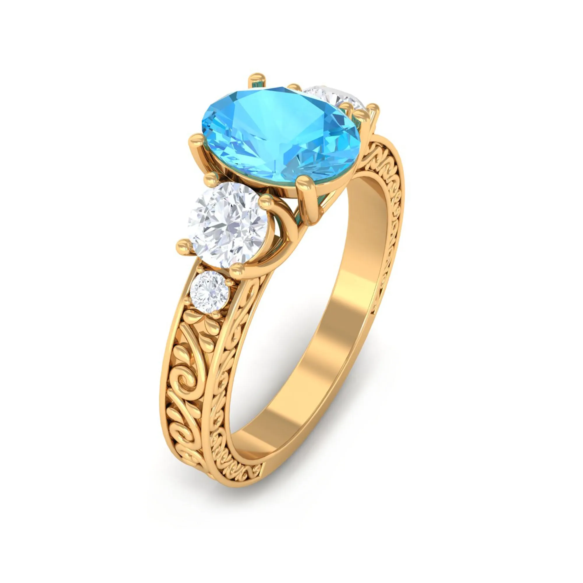 Solitaire Oval Cut Swiss Blue Topaz and Moissanite Gold Engagement Ring