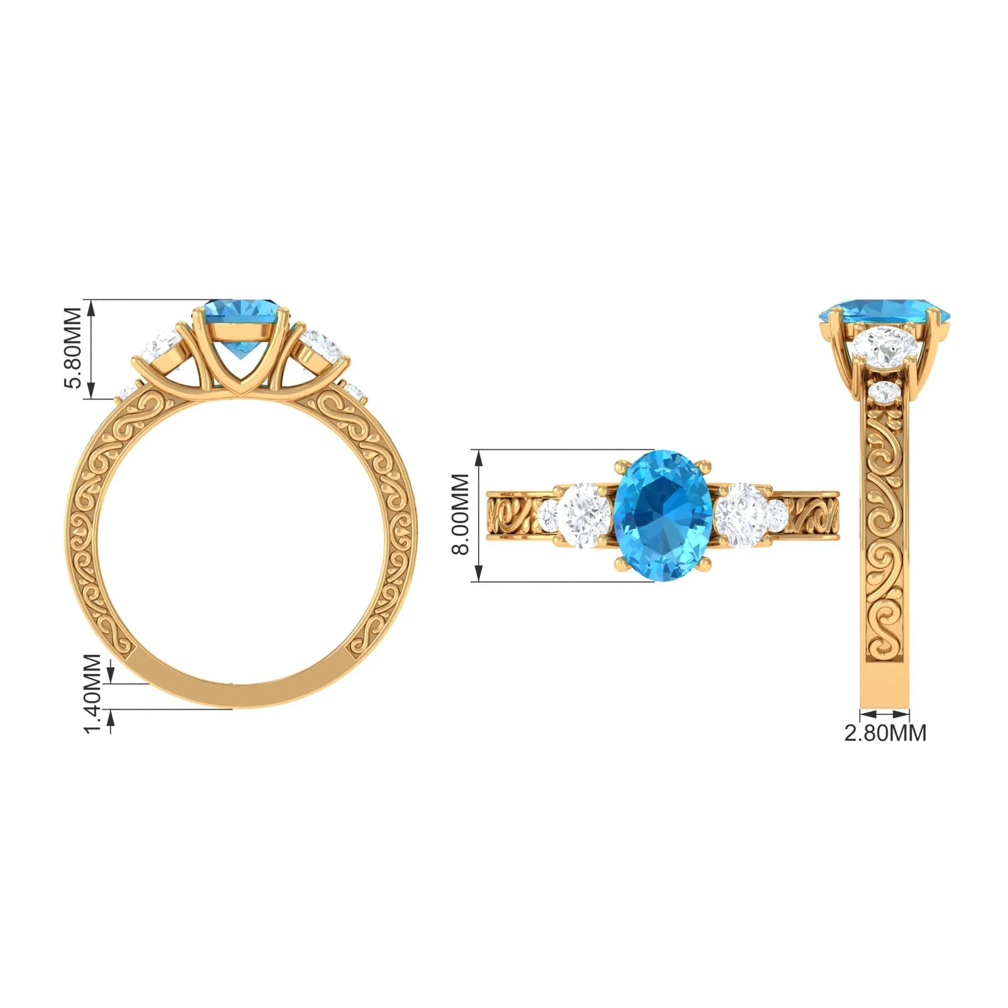 Solitaire Oval Cut Swiss Blue Topaz and Moissanite Gold Engagement Ring