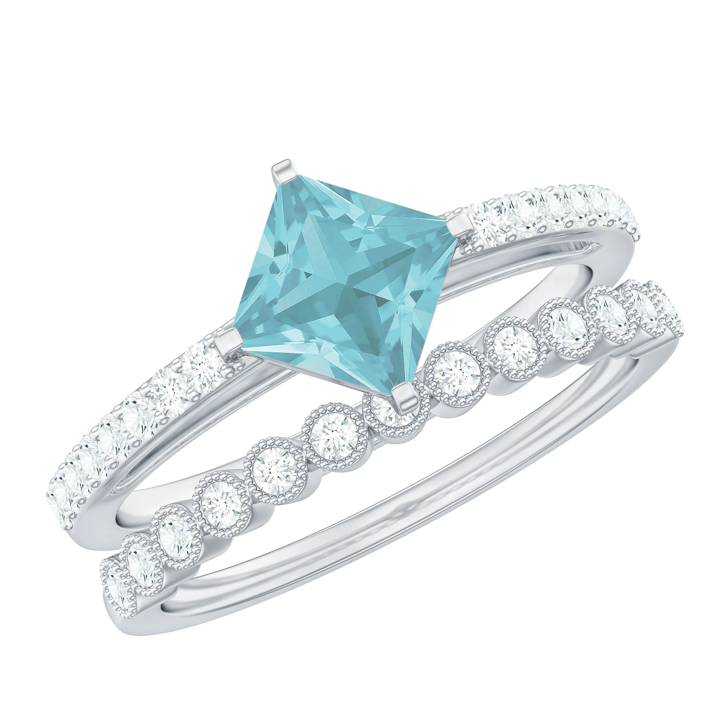 Solitaire Sky Blue Topaz and Diamond Beaded Ring Set