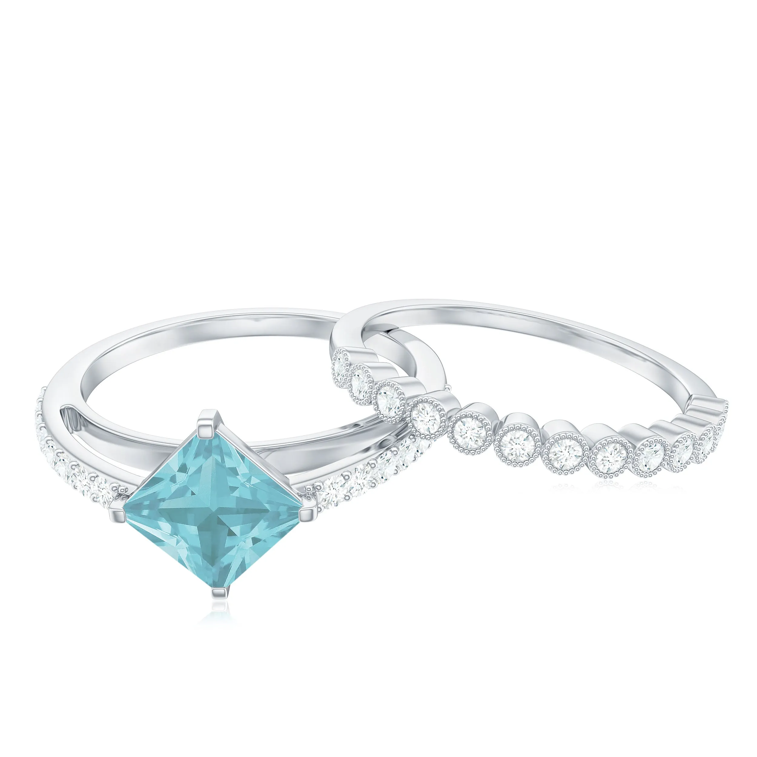 Solitaire Sky Blue Topaz and Diamond Beaded Ring Set