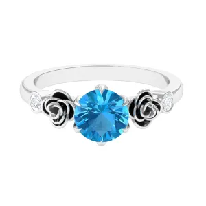 Solitaire Swiss Blue Topaz Flower Ring with Diamond