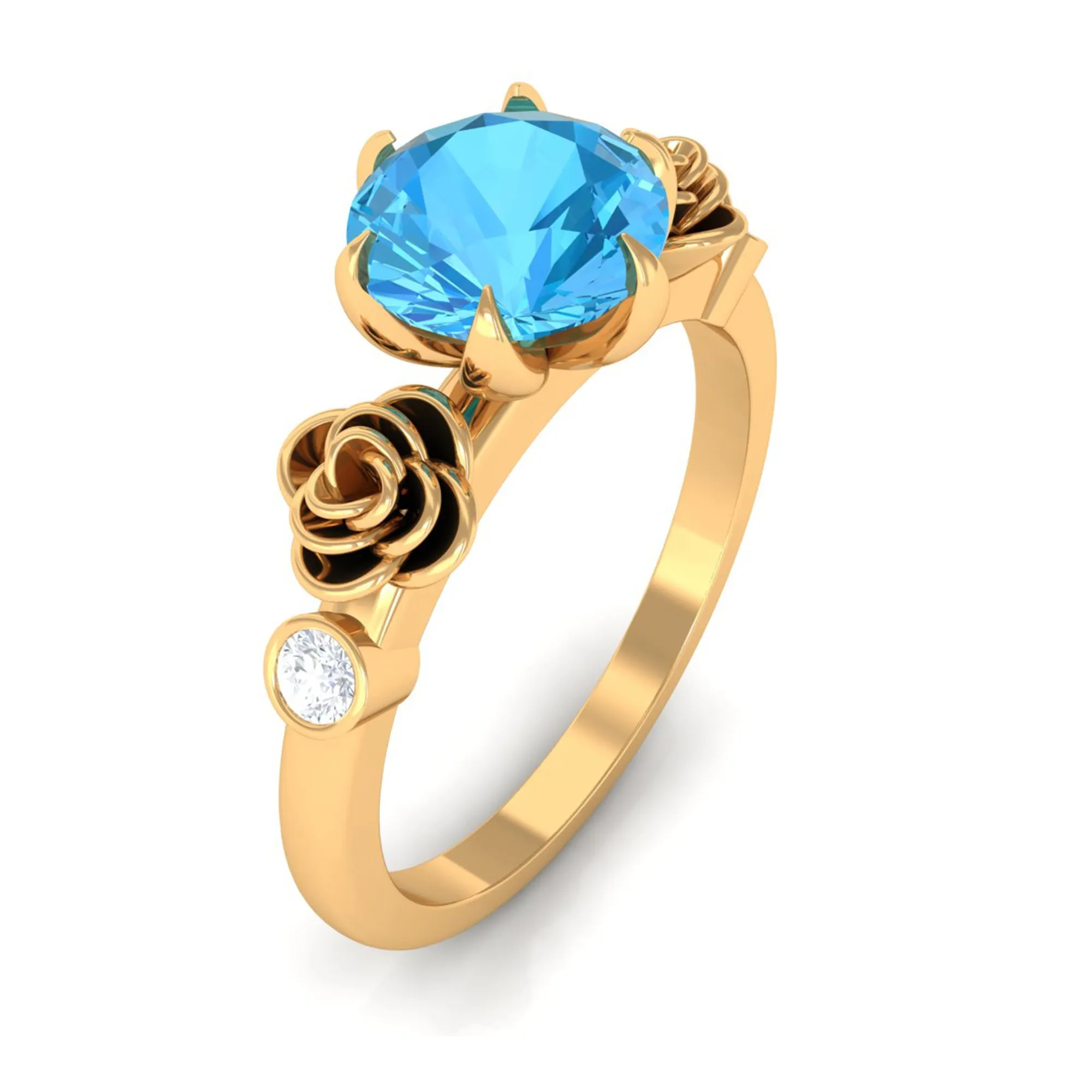 Solitaire Swiss Blue Topaz Flower Ring with Diamond