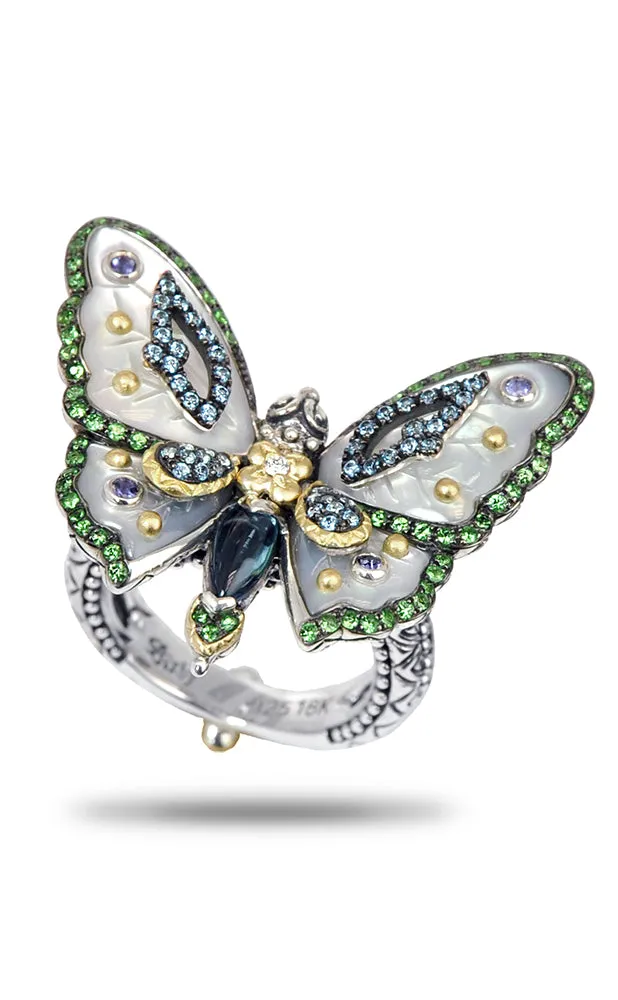 Special Order.Zen Garden Butterfly Ring – Diamond, White Mother of Pearl, London Blue Topaz, Blue Topaz, Iolite & Tsavorite