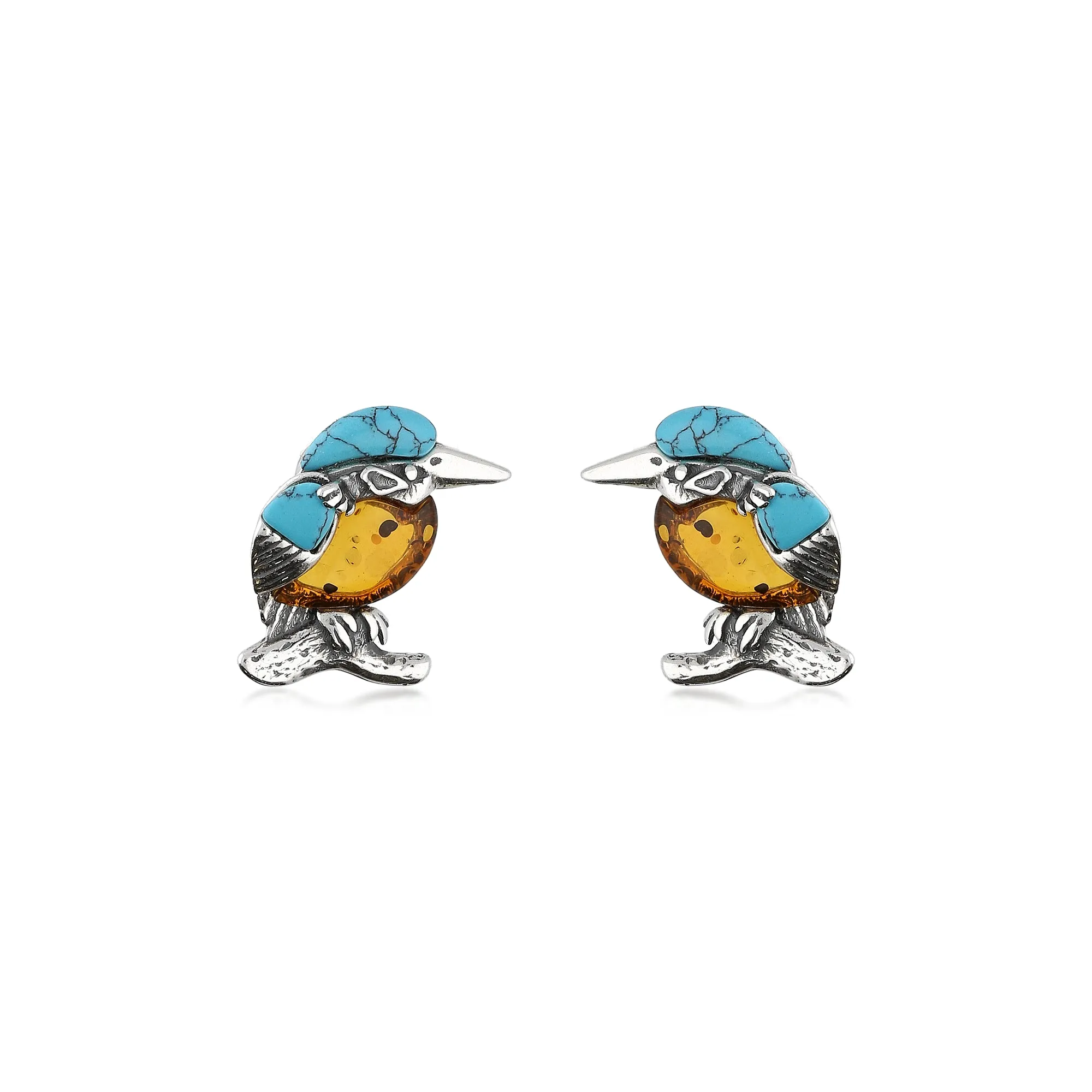 Sterling Silver Amber & Turquoise Small Kingfisher Stud Earrings