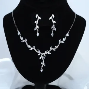 Swarovski Crystal Dainty Leaves Branch Necklace, Long Bridal Jewelry, Bridal Earrings And Necklace, Statement Earrings Cz Necklace Set.