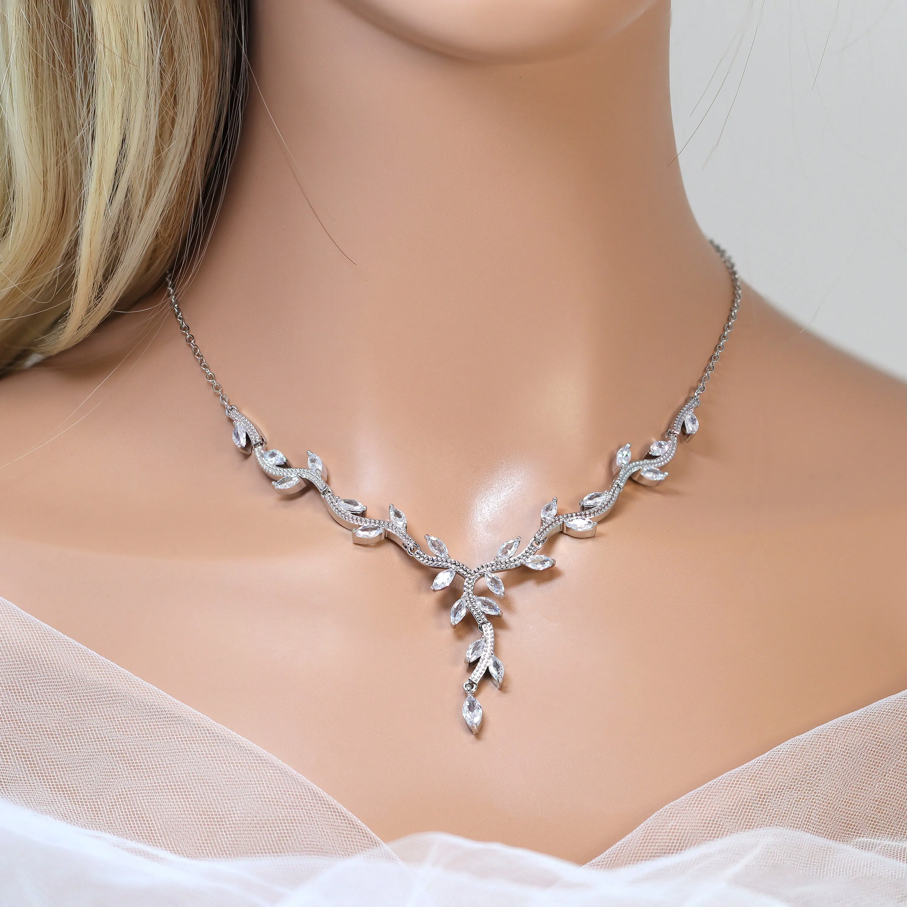 Swarovski Crystal Dainty Leaves Branch Necklace, Long Bridal Jewelry, Bridal Earrings And Necklace, Statement Earrings Cz Necklace Set.