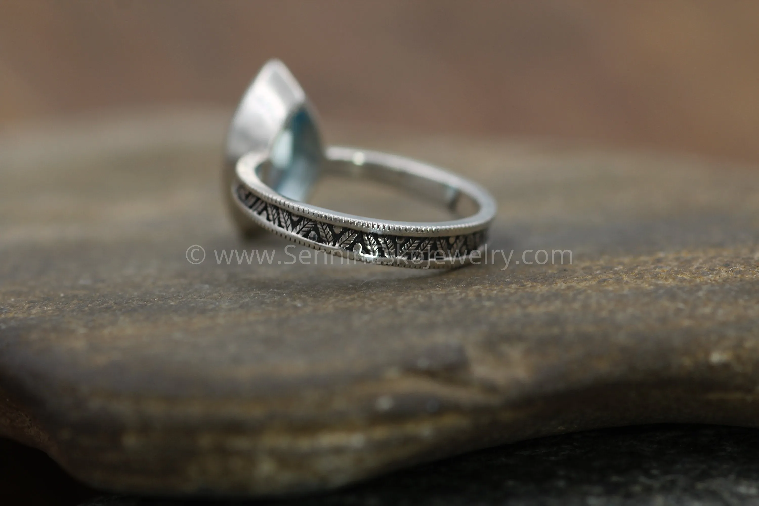 Swiss Blue Topaz Milgrain Leaf Engraved Silver or Gold Multi Bezel Ring -  Alternative Engagement