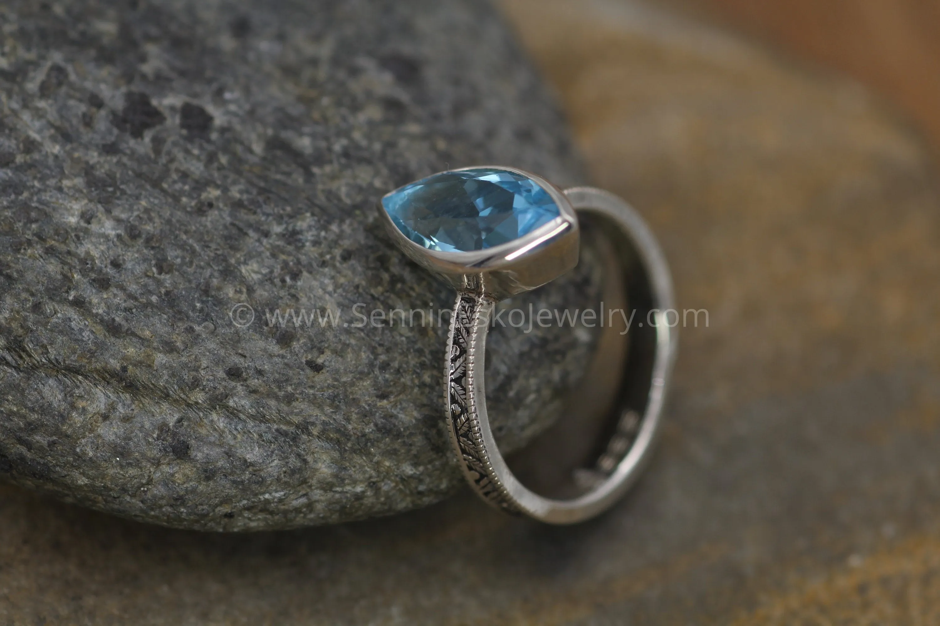 Swiss Blue Topaz Milgrain Leaf Engraved Silver or Gold Multi Bezel Ring -  Alternative Engagement