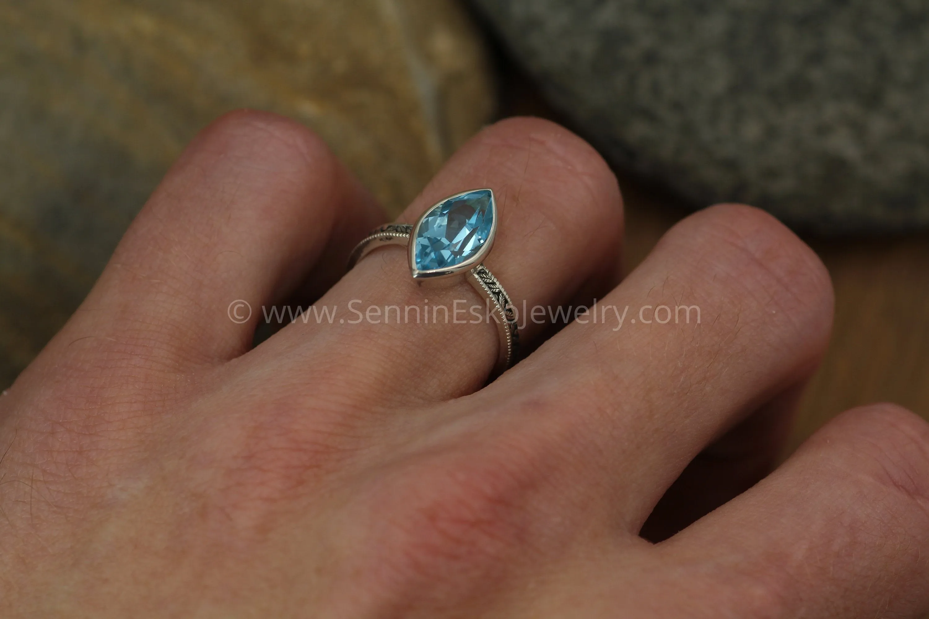 Swiss Blue Topaz Milgrain Leaf Engraved Silver or Gold Multi Bezel Ring -  Alternative Engagement