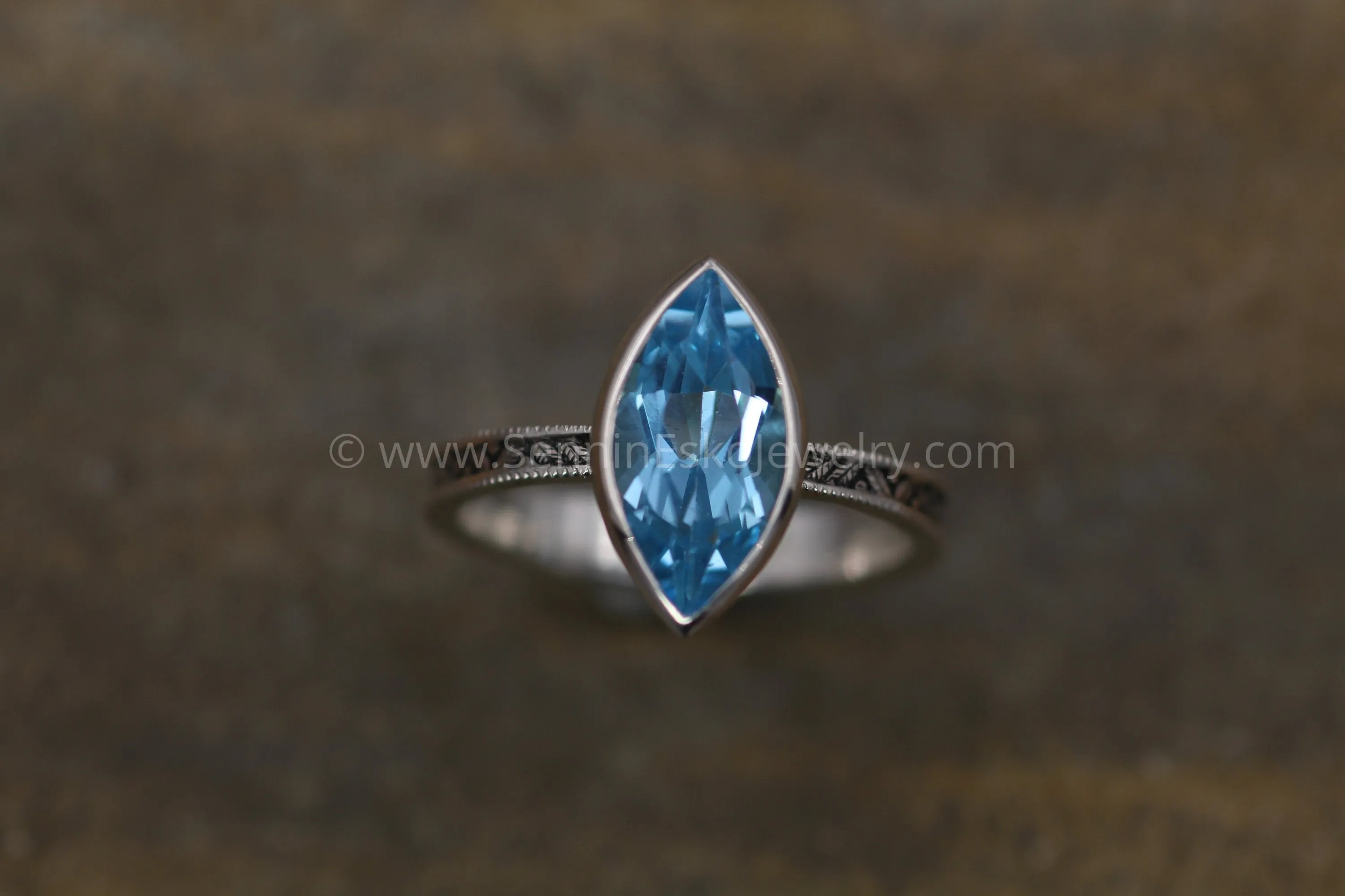 Swiss Blue Topaz Milgrain Leaf Engraved Silver or Gold Multi Bezel Ring -  Alternative Engagement