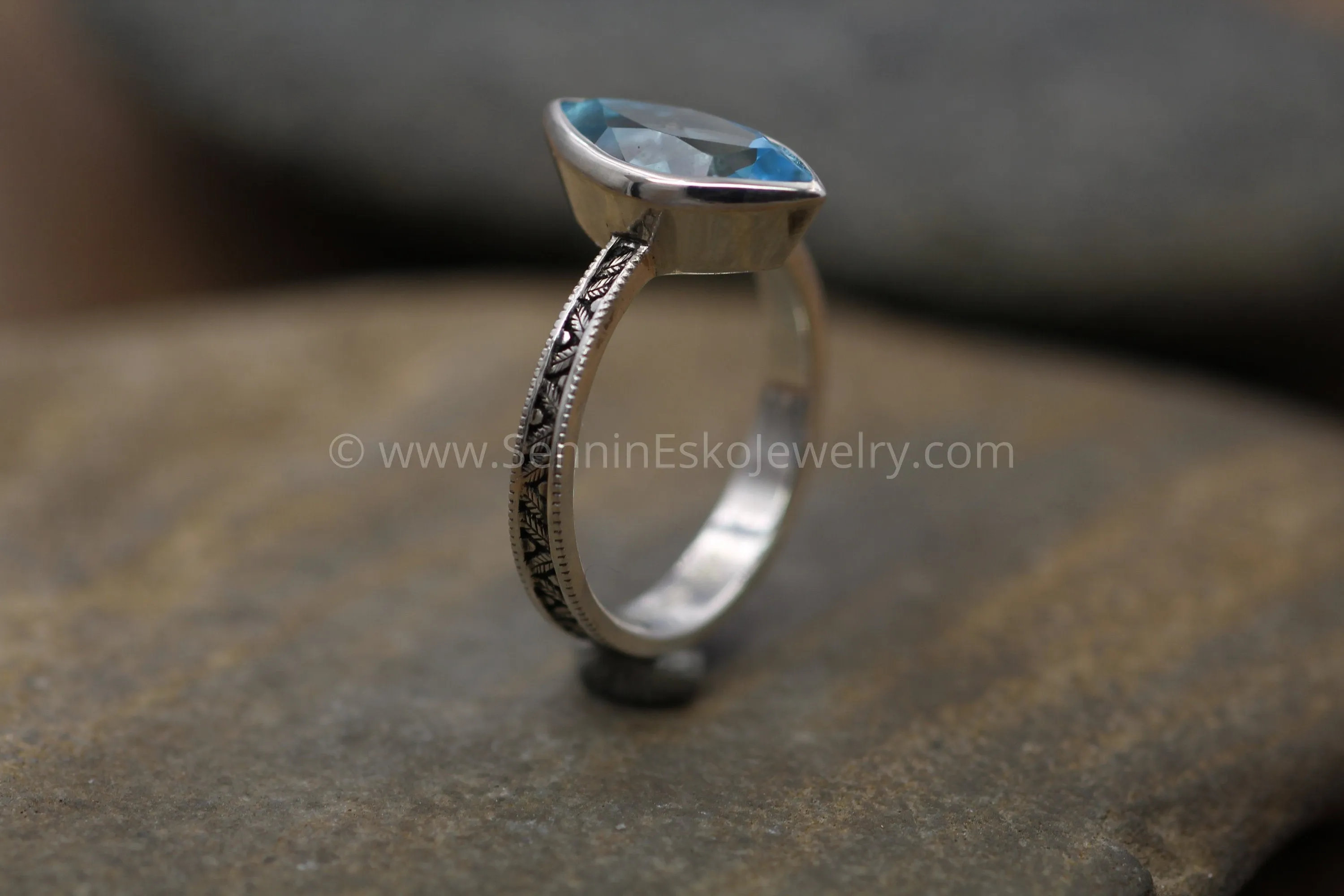 Swiss Blue Topaz Milgrain Leaf Engraved Silver or Gold Multi Bezel Ring -  Alternative Engagement