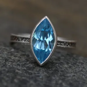 Swiss Blue Topaz Milgrain Leaf Engraved Silver or Gold Multi Bezel Ring -  Alternative Engagement