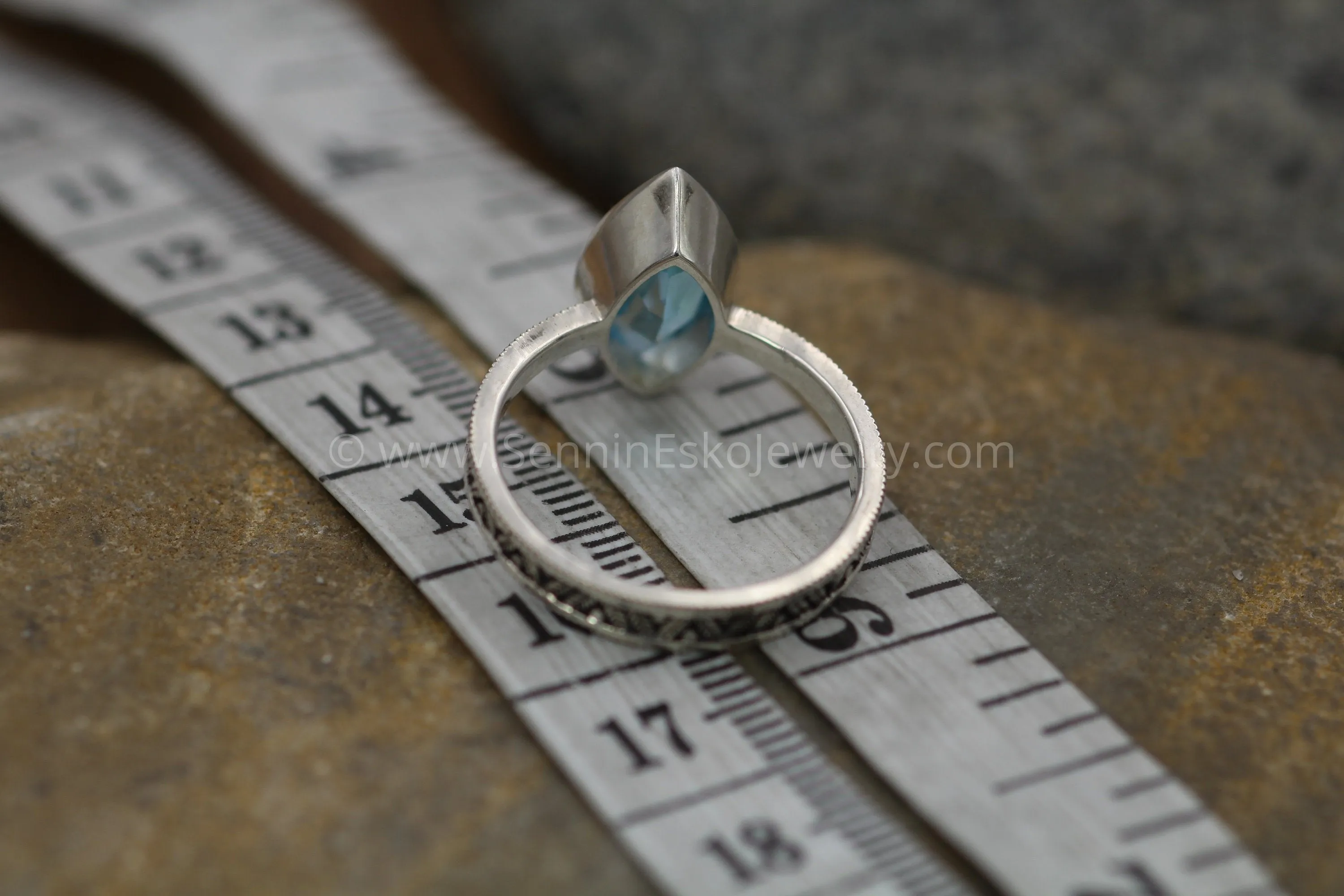 Swiss Blue Topaz Milgrain Leaf Engraved Silver or Gold Multi Bezel Ring -  Alternative Engagement