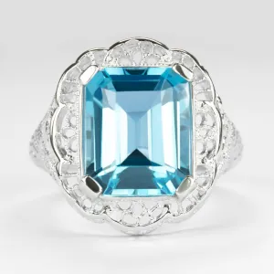 SWISS BLUE TOPAZ STERLING SILVER RING VINTAGE STYLE DECO FILIGREE EMERALD CUT