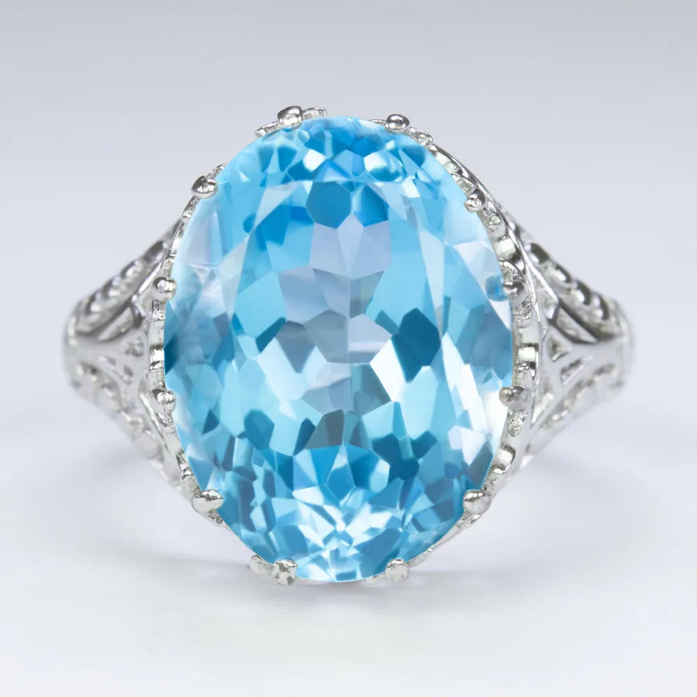 SWISS BLUE TOPAZ STERLING SILVER VINTAGE STYLE RING FILIGREE OVAL CUT SOLITAIRE