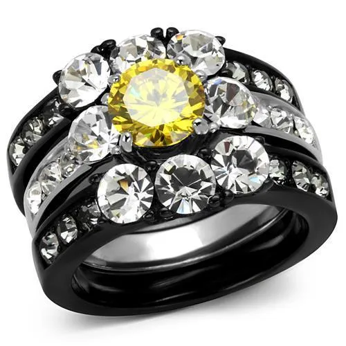 Two-Tone IP Black (Ion Plating) Stainless Steel Ring with AAA Grade CZ in Topaz for Women Style TK2615