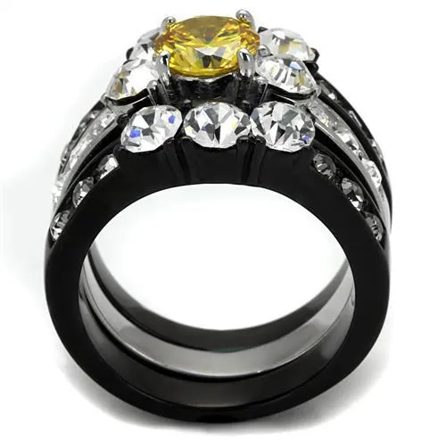 Two-Tone IP Black (Ion Plating) Stainless Steel Ring with AAA Grade CZ in Topaz for Women Style TK2615