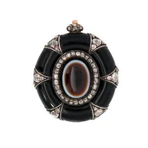 Victorian 14k Banded Agate, Rose Cut Diamond   Enamel Mourning Locket/Pendant