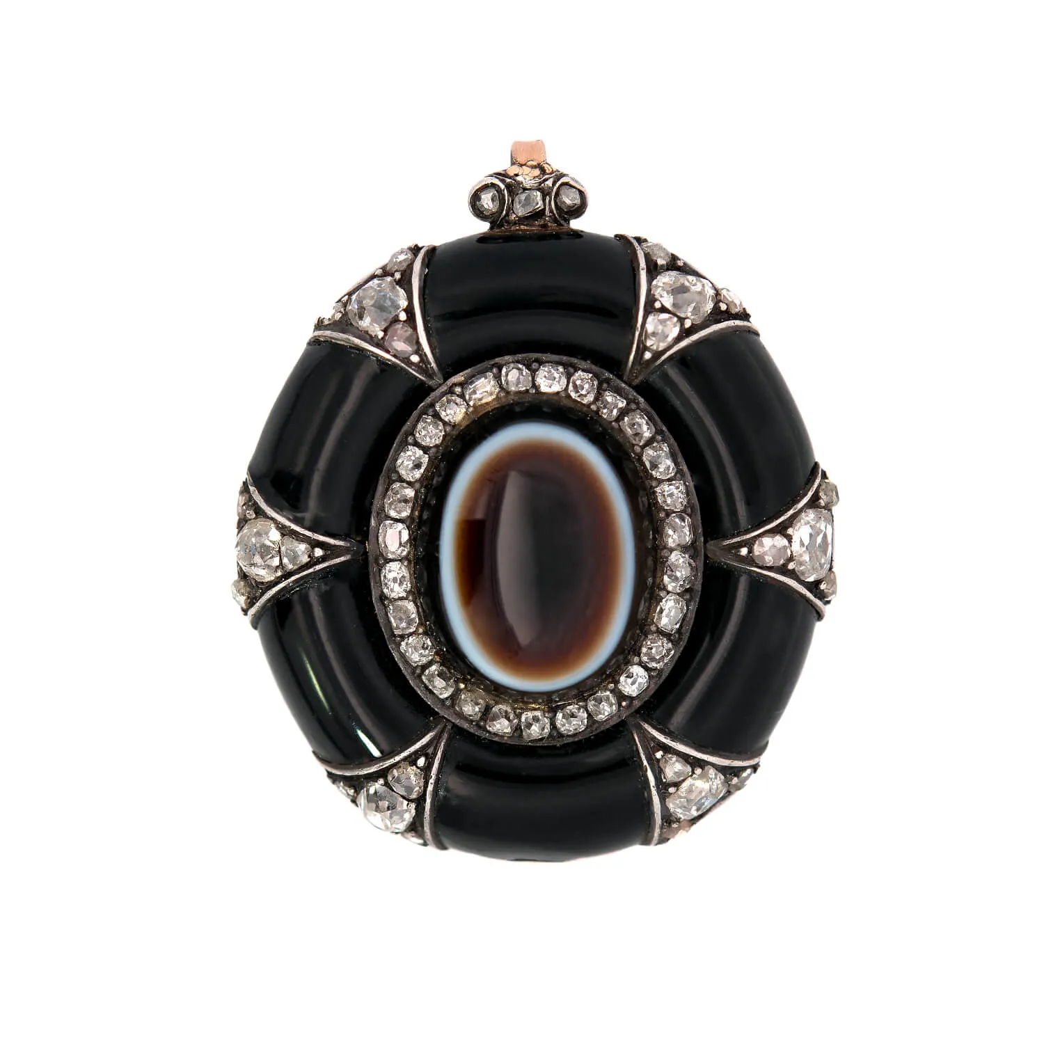 Victorian 14k Banded Agate, Rose Cut Diamond   Enamel Mourning Locket/Pendant