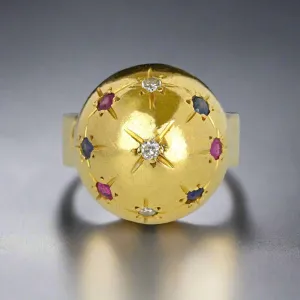 Vintage 18K Gold Star Ruby Sapphire Diamond Dome Ring