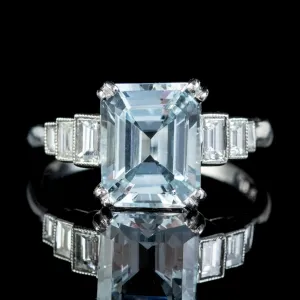 Vintage Aquamarine Diamond Ring Platinum 4Ct Emerald Cut Aqua