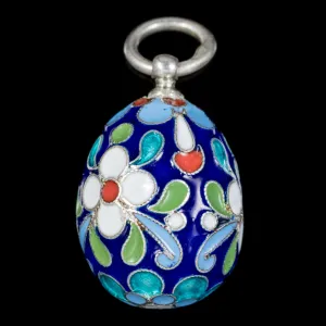 Vintage Egg Pendant Enamel Flowers Silver Circa 1930