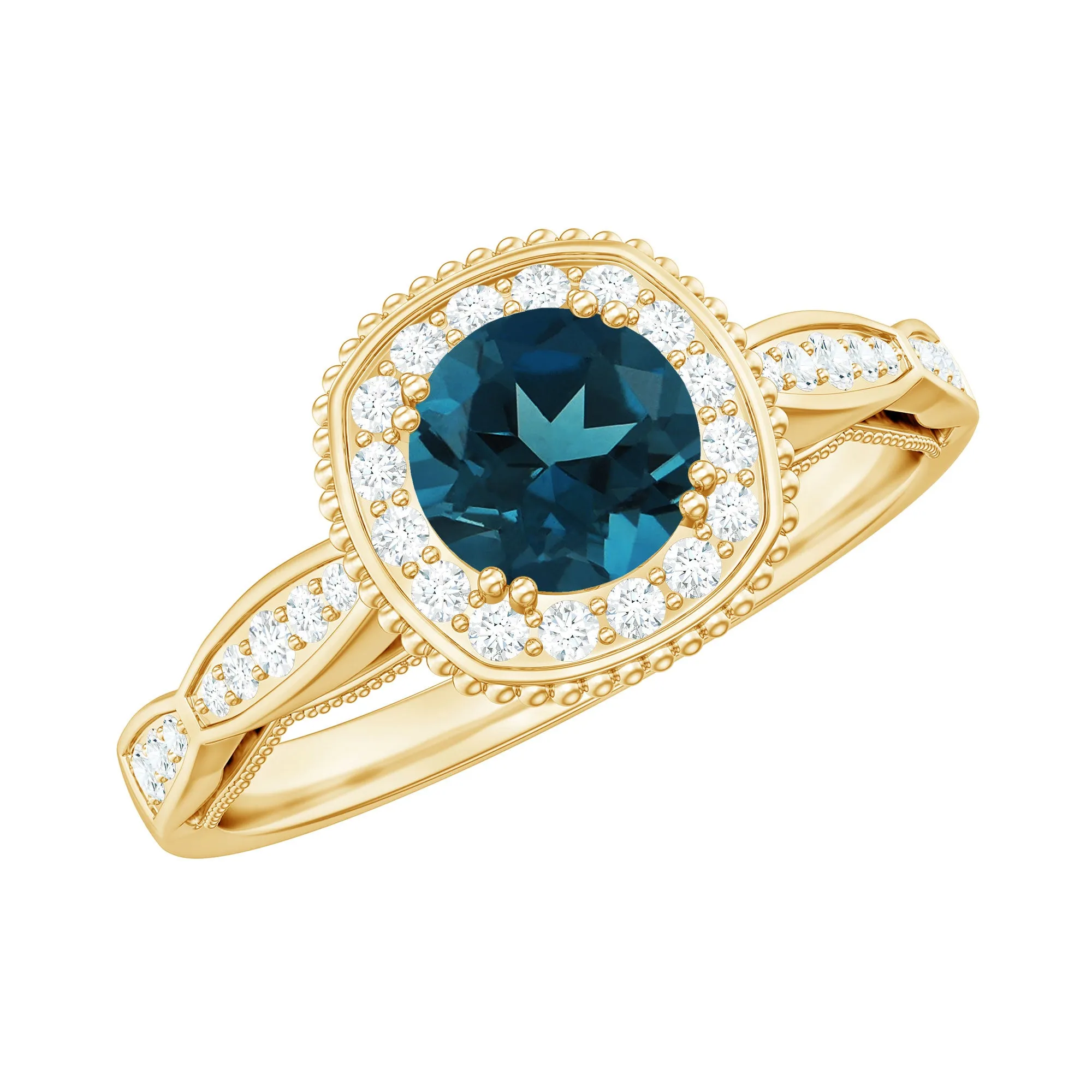 Vintage Inspired London Blue Topaz Halo Engagement Ring with Diamond