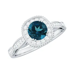 Vintage Inspired London Blue Topaz Halo Engagement Ring with Diamond