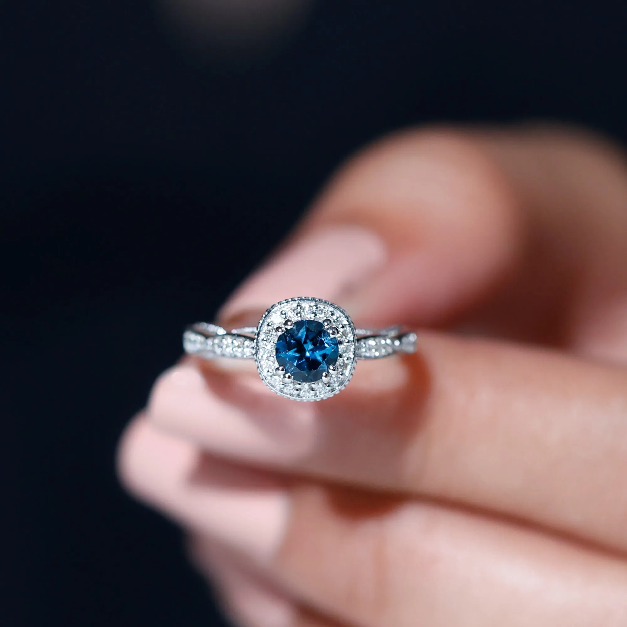 Vintage Inspired London Blue Topaz Halo Engagement Ring with Diamond