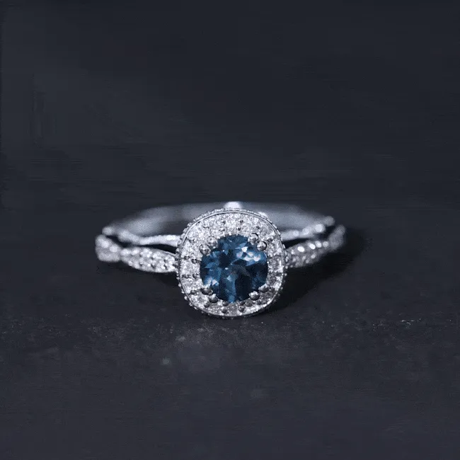 Vintage Inspired London Blue Topaz Halo Engagement Ring with Diamond