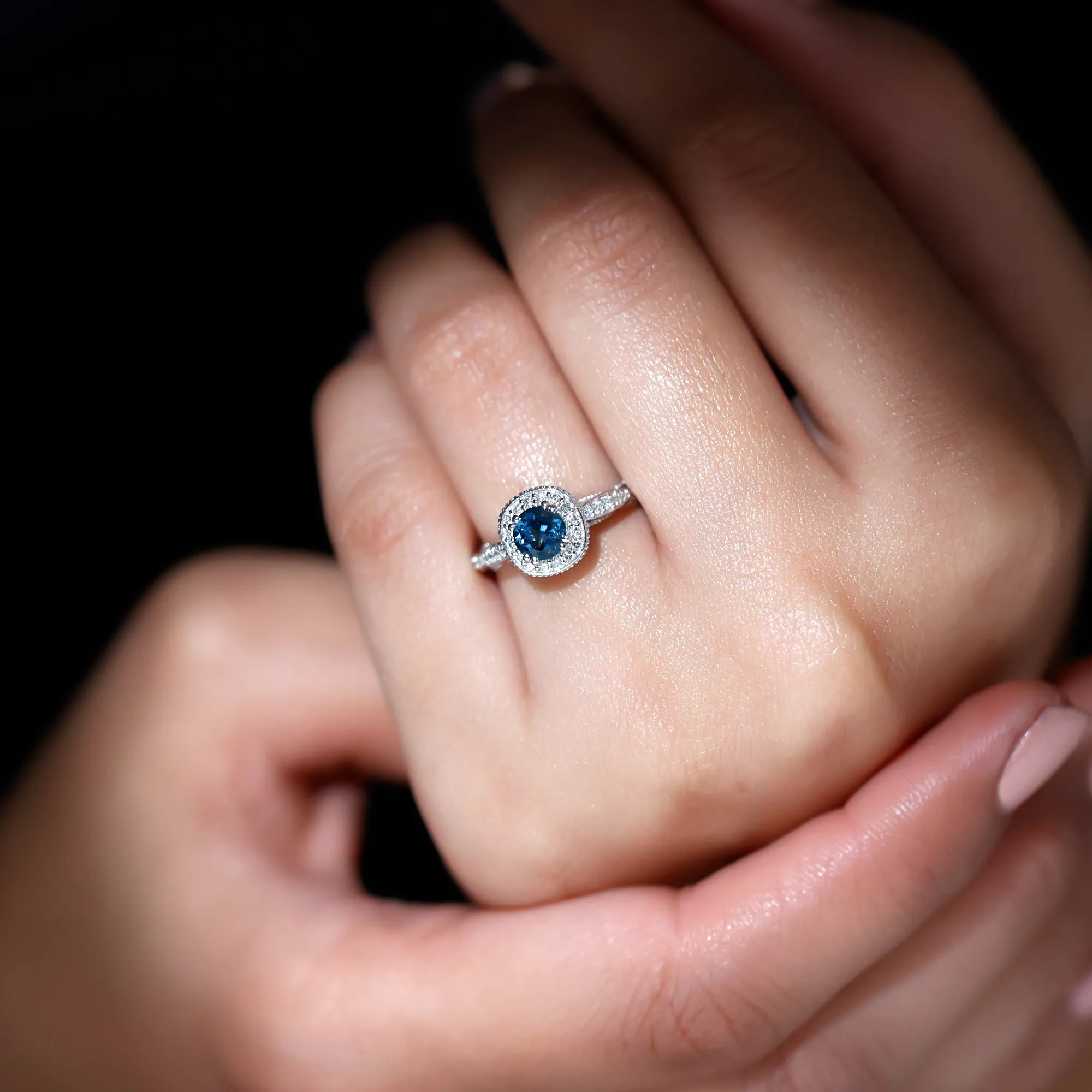 Vintage Inspired London Blue Topaz Halo Engagement Ring with Diamond