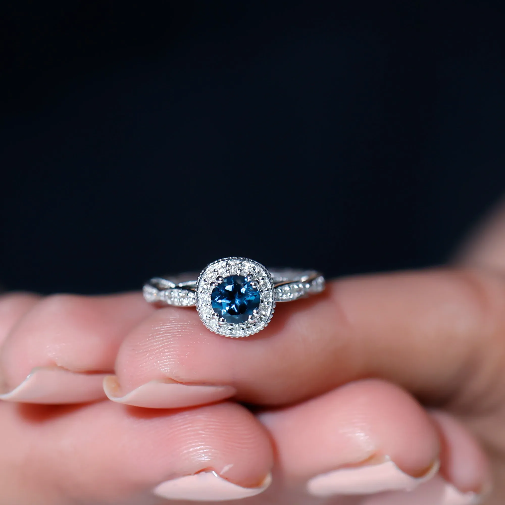 Vintage Inspired London Blue Topaz Halo Engagement Ring with Diamond