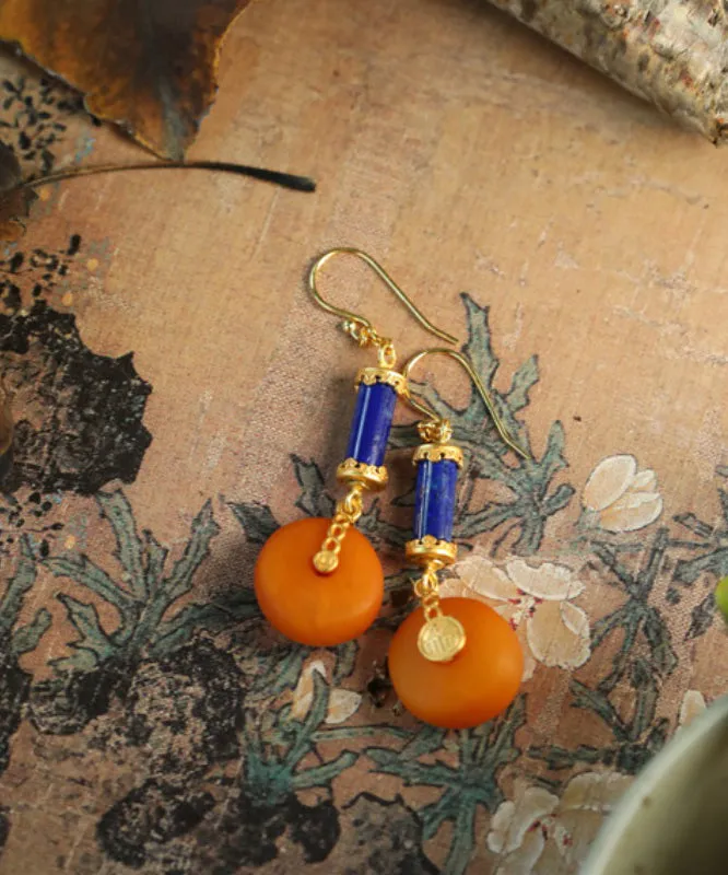 Vintage Orange Sterling Silver Overgild Amber Honey Wax Drop Earrings GH1087