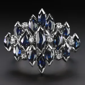 VINTAGE SAPPHIRE DIAMOND COCKTAIL RING 3ct CLUSTER STATEMENT NATURAL WHITE GOLD