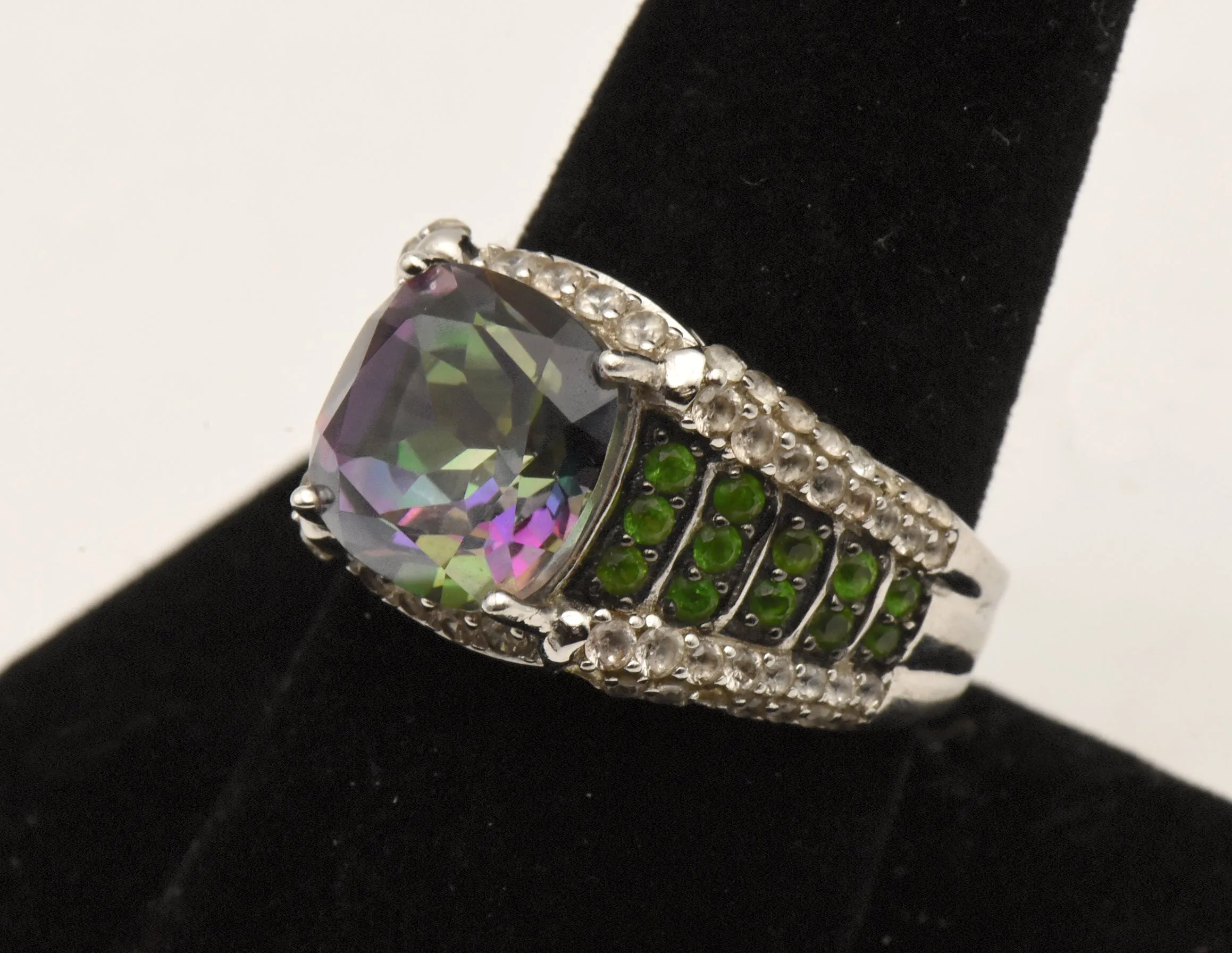 Vintage Sterling Silver Mystic Quartz, Green Tourmaline and Topaz Ring - Size 8.75