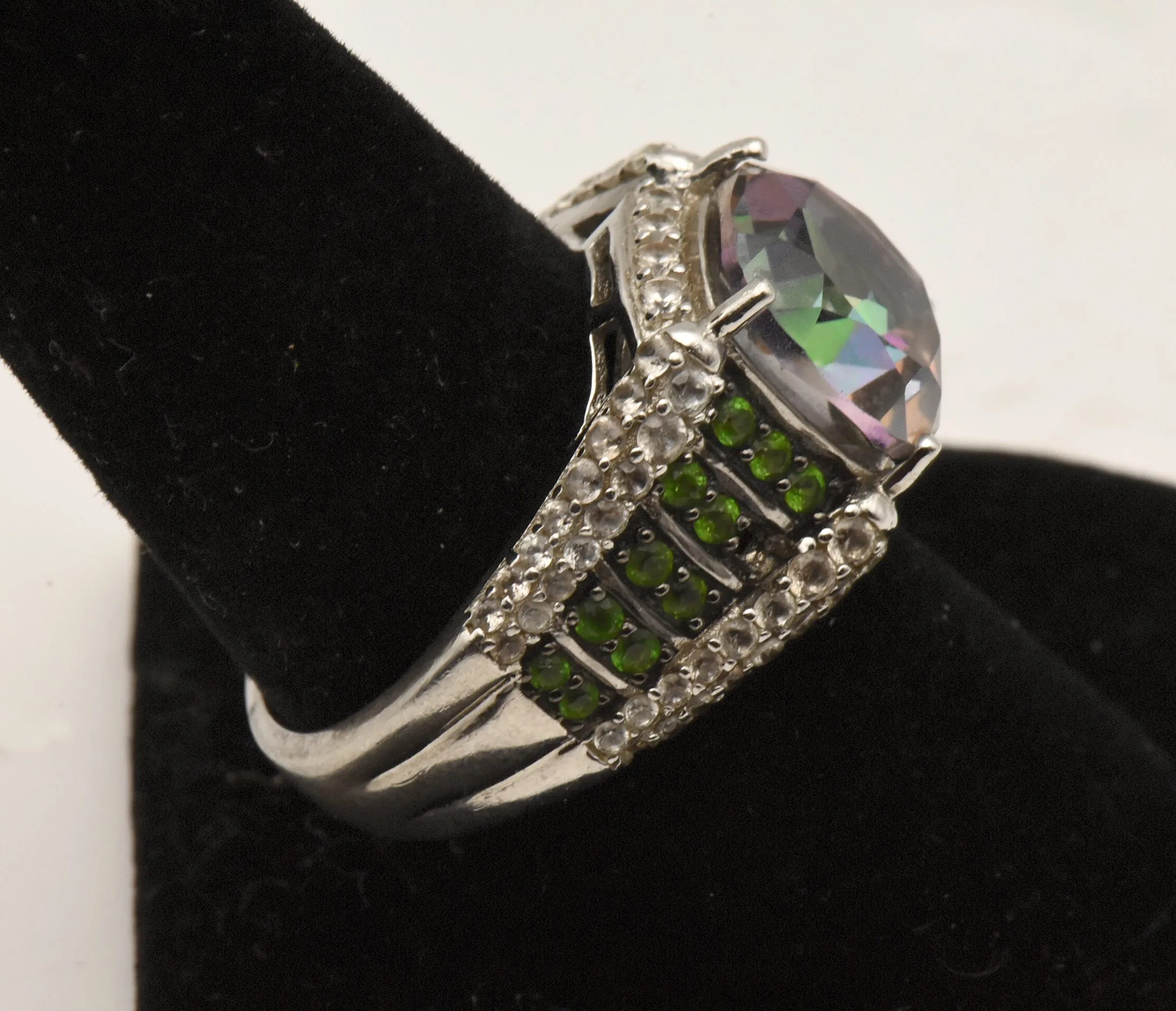 Vintage Sterling Silver Mystic Quartz, Green Tourmaline and Topaz Ring - Size 8.75