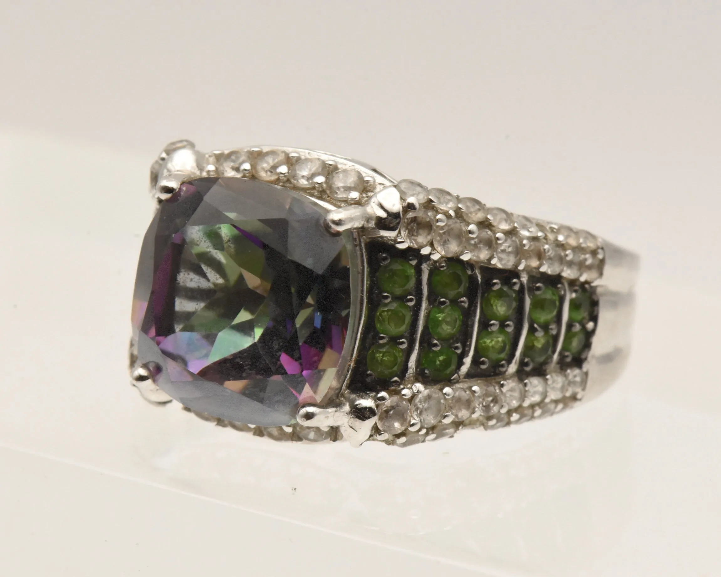 Vintage Sterling Silver Mystic Quartz, Green Tourmaline and Topaz Ring - Size 8.75