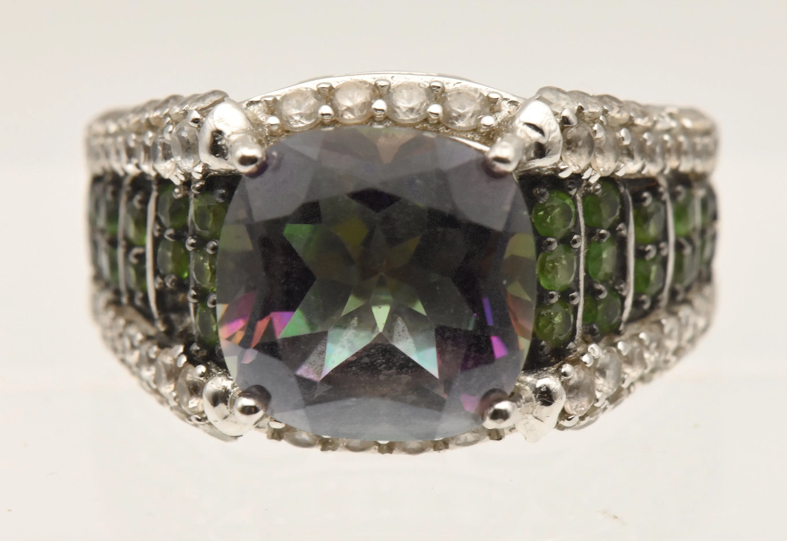 Vintage Sterling Silver Mystic Quartz, Green Tourmaline and Topaz Ring - Size 8.75