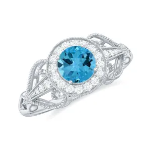 Vintage Style Real Swiss Blue Topaz and Diamond Engagement Ring