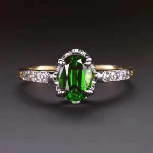 VINTAGE TOURMALINE DIAMOND COCKTAIL RING 18K YELLOW WHITE GOLD NATURAL OVAL CUT