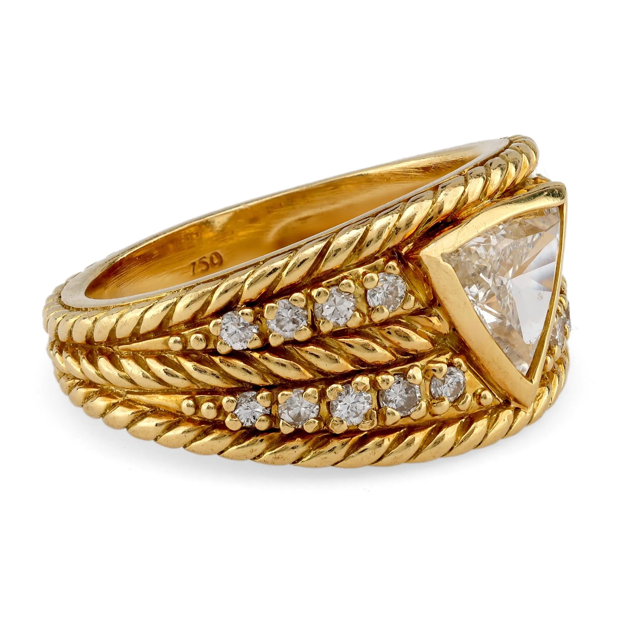 Vintage Triangle Cut Diamond 18K Yellow Gold Braided Ring