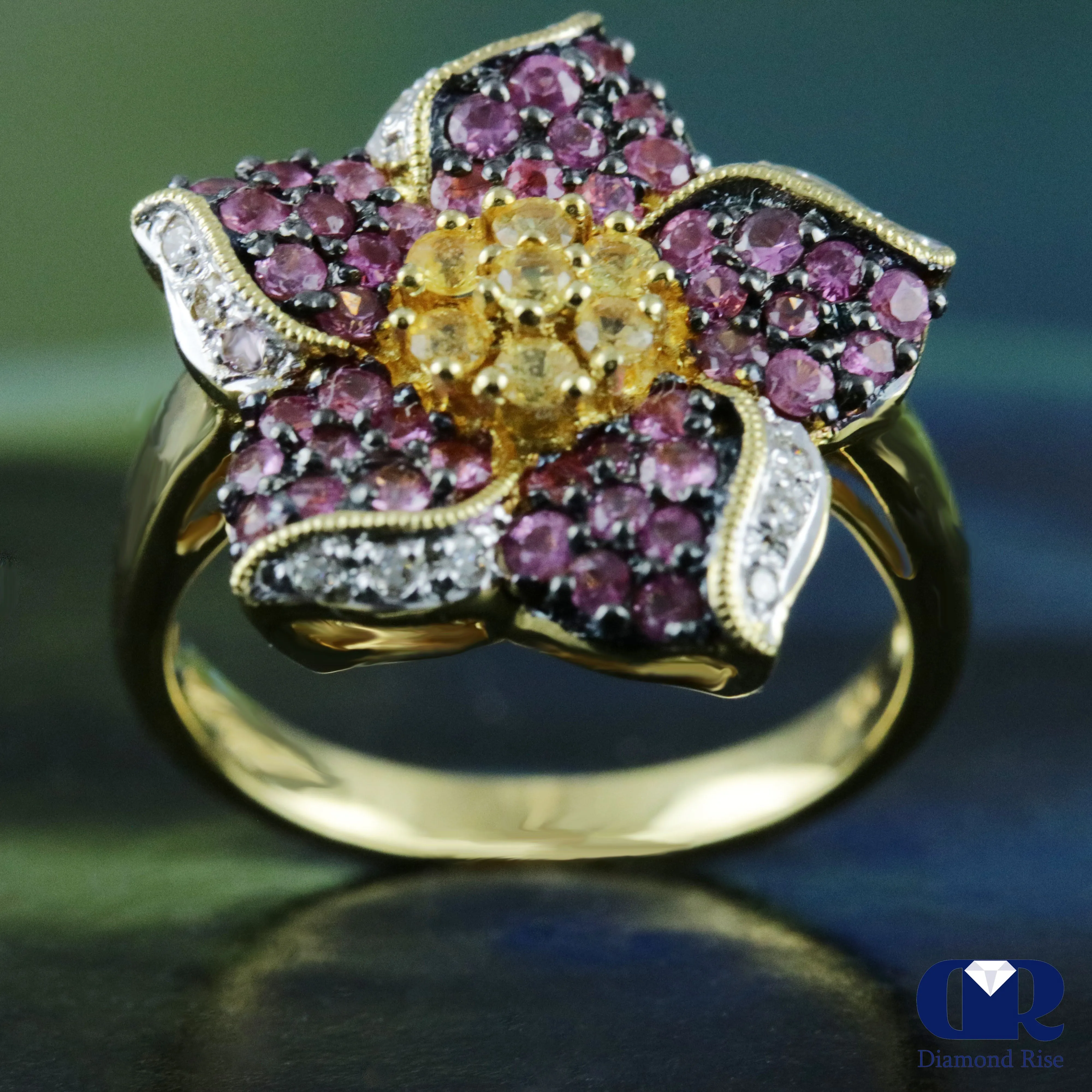 Women's Diamond & Sapphire Flower Style Right Hand Ring Cocktail Ring In 18K Yellow Gold